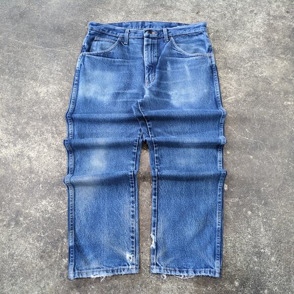 Vintage Rustler Jeans 34x30 Distressed Blue Pants Western Faded Denim Wrangler - Picture 1 of 8